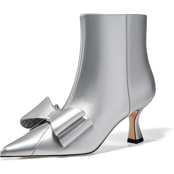 ⚡Women's Silver Low Kitten Heel Ankle Boots Rhinestone Bow Pointed Toe Zipper - Picture 1 of 5